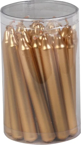 Biedermann & Sons Velas metálicas doradas, caja de 20 unidades, 4 pulgadas de alto 0.5 pulgadas de diámetro, cera de parafina sin goteo, 2 horas de