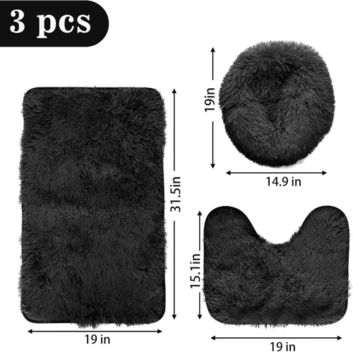 Miniatura 2 de Juego de alfombras de baño negras de 3 piezas, alfombra de baño sólida, alfombra de ducha lavable con contorno en forma de U, cubierta para tapa