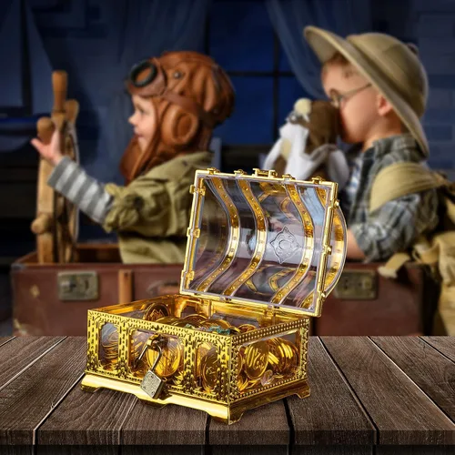 Miniatura 6 de Cofre del tesoro pirata para niños, cofre de pirata dorado transparente decorativo con cerradura y llave