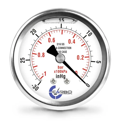 Miniatura 42 de Medidor de presión relleno de líquido de 300 PSI, dial de 2.5 pulgadas, montaje trasero 1/4 NPT, estuche 316 SS, 316 piezas mojadas SS, PSI/barra