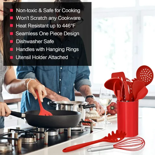 Miniatura 3 de LIANYU Utensilios de cocina de silicona roja de 12 piezas con soporte, juego de herramientas de cocina incluye espátula ranurada, cuchara, cucharón