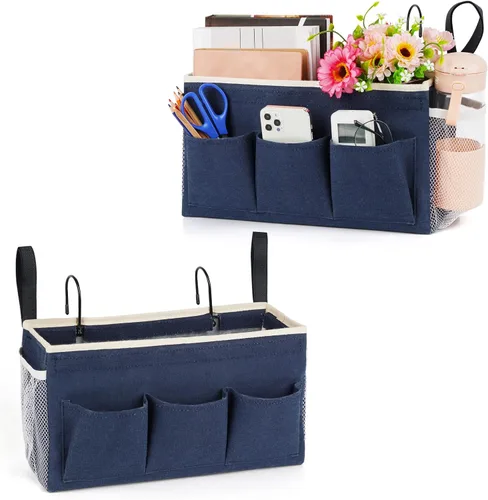 Miniatura 11 de Lilithye Organizador de almacenamiento de cabecera con correas fijas y soporte para botella de agua para el hogar, universidad, dormitorio, Gris