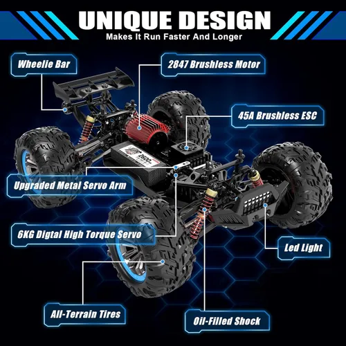 Miniatura 8 de Hosim - Coches RC sin escobillas, 1:10 68+ km/h de alta velocidad, coche de control remoto para adultos y niños, 4x4 todoterreno impermeable