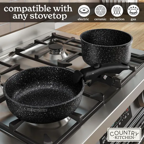 Miniatura 6 de Country Kitchen Juego de utensilios de cocina con mango extraíble, juego de ollas y sartenes aptas para horno y caravana, color negro, original