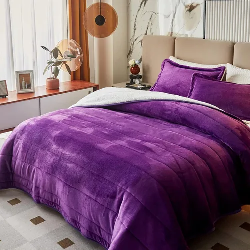 Miniatura 10 de Manta de cama gruesa de franela de lujo de 3 capas, tamaño individual, manta sherpa de terciopelo de felpa suave con 2 fundas de almohada, pesada