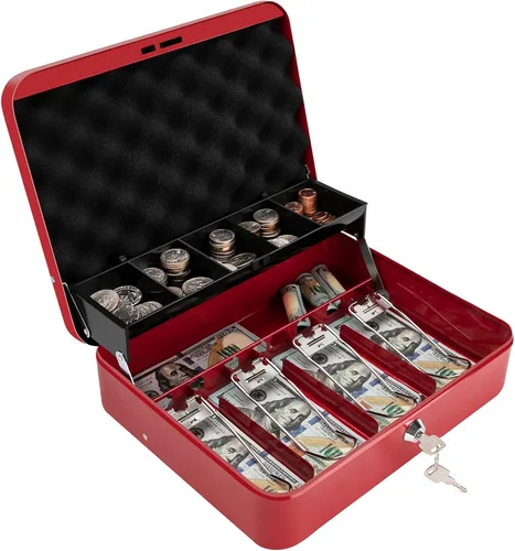 Miniatura 14 de Caja de efectivo con bandeja de dinero y cerradura, caja de dinero segura para efectivo, caja de bloqueo de metal con combinación, organizador
