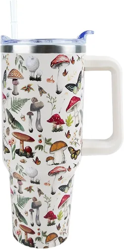 Vaso de 40 onzas con asa y tapa con popote a prueba de fugas, taza de viaje para café con diseño de hongos y mariposas con asa aislada para hielo