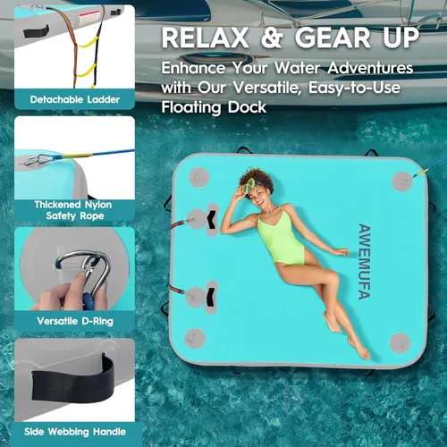 Miniatura 2 de AWEMUFA Muelle flotante inflable con rampa de 5 pies/6 pies/8 pies/10 pies, plataforma flotante flotante, tapete flotante de isla flotante, flotador