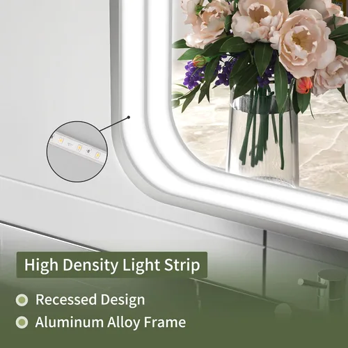 Miniatura 3 de Espejo de baño LED de 16 x 24 pulgadas con luces, marco plateado rectangular redondeado con diseño de tira de luz incrustada, 3 colores y regulable