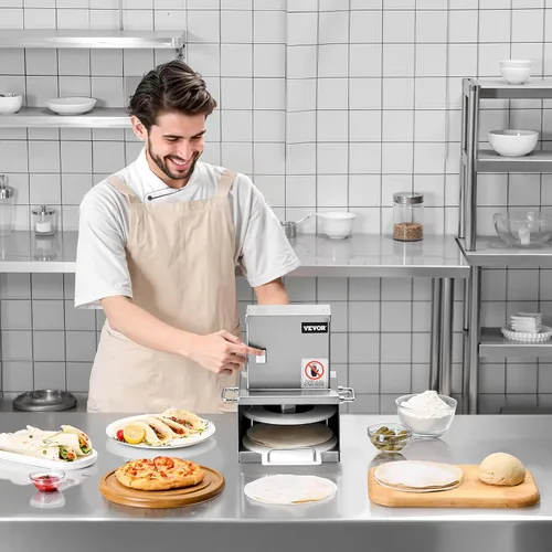 Miniatura 8 de VEVOR Máquina eléctrica de prensa de masa de pizza, placa de prensa de pastelería de pizza de 6 pulgadas, prensa de pan de acero inoxidable, máquina