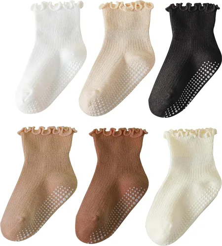 6 pares de calcetines con volantes para niñas, calcetines antideslizantes para bebés, bonitos y con volantes