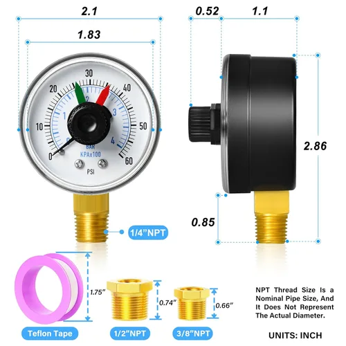 Miniatura 2 de MEANLIN MEASURE Caja de manómetro NPT de 0-60 Psi de 1/4" con dial para seleccionar filtro, 3-2-3% de precisión, montaje inferior, con 1/2" NPT