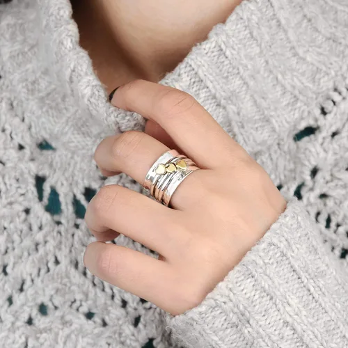 Miniatura 6 de Boho-Magic Anillo giratorio para mujer, plata de ley 925 con corazones de latón y bandas para la ansiedad, Metal