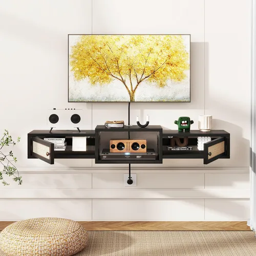 Miniatura 3 de IBUYKE Soporte flotante moderno de ratán para TV con puertas, estante de TV montado en la pared para televisores de hasta 55 pulgadas, consola