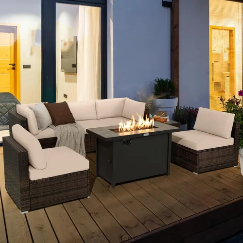 Miniatura 2 de Tangkula Juego de muebles de patio de 7 piezas con mesa para fogata, incluye mesa rectangular de propano de 42 pulgadas y 60,000 BTU y funda