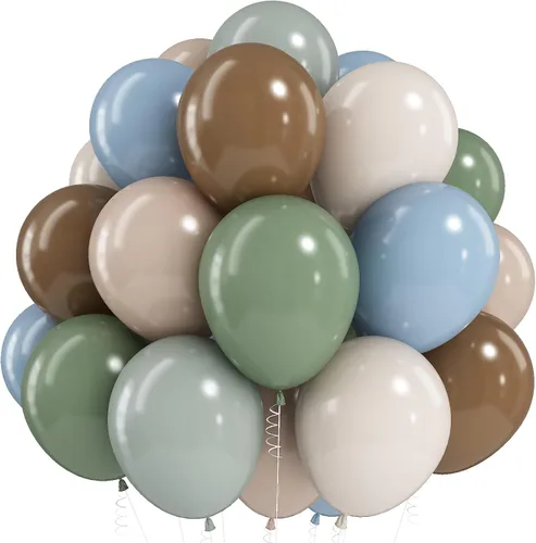 Miniatura 19 de Paquete de 60 globos azul polvoriento dorado, conjunto de globos de látex azul pizarra blanco arena verde azulado turquesa crema beige con confeti