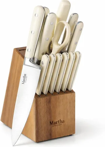 Miniatura 8 de Martha Stewart Eastwalk Juego de 14 cuchillos de acero inoxidable de alto carbono con mango forjado remachado triple de ABS, bloque de madera de Gris