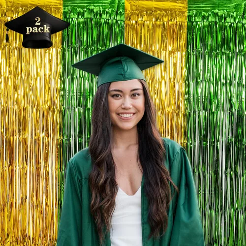 Miniatura 2 de LOLStar Paquete de 2 decoraciones de fiesta de graduación verde y dorado 2025, cortinas de flecos de aluminio de 3.3 x 6.6 pies, accesorios
