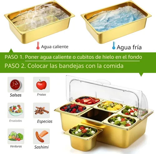 Miniatura 5 de Ziliny Contenedor de exhibición de alimentos para encimera, cubierta superior de rollo transparente, 6 sartenes, acero inoxidable, helado, bufé