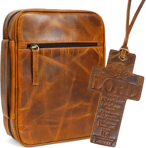 Miniatura 12 de ELIZO Funda de cuero para la Biblia para hombres, funda para la Biblia para mujeres, organizador de transporte, protector de manga envolvente