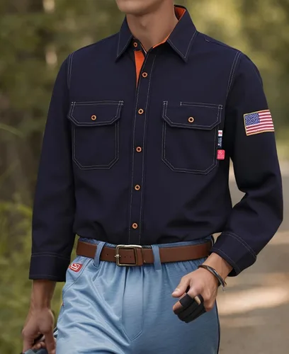 Miniatura 2 de BOCOMAL Camisas FR para hombre, resistentes al fuego, peso ligero, NFPA2112, camisa de soldadura ignífuga, acabado repelente al agua y al aceite