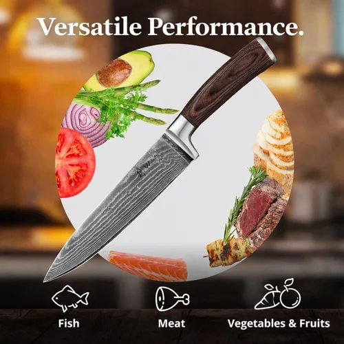 Miniatura 9 de Wakoli EDIB Cuchillo de chef Damasco – Cuchillo de cocina de estilo japonés de 7.9 pulgadas, hoja de acero de Damasco de 67 capas con núcleo VG10, 1