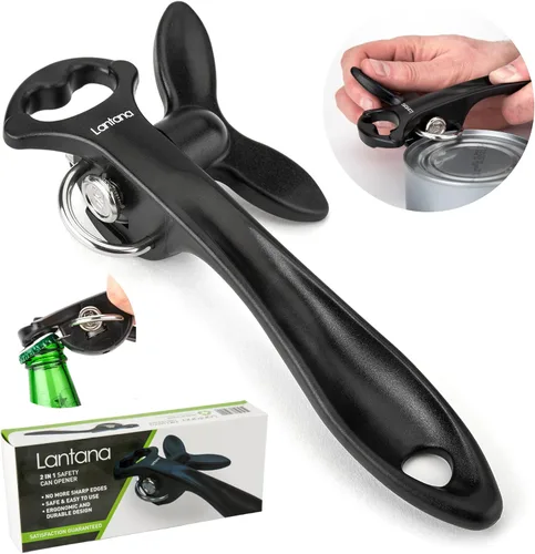 Miniatura 2 de Lantana Abrelatas de borde liso con elevador de tapa de botella, abrelatas de seguridad manual de mano - negro/acero inoxidable
