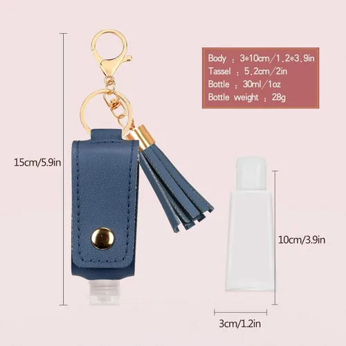 Miniatura 2 de Unaone Llavero desinfectante de manos de 1 onza/1.0 fl oz, tamaño de viaje, botella pequeña de cuero para artículos de tocador, loción, champú Azul