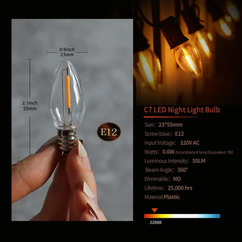 Miniatura 2 de Bombilla LED de noche, bombillas LED de repuesto para luces de Navidad, bombillas LED inastillables e impermeables, base de candelabro E12, 0.6 W C7