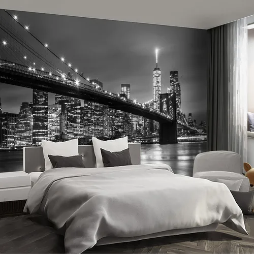Papel tapiz mural gris de Nueva York del Puente de Brooklyn, papel tapiz mural de paisaje urbano grande para sala de estar y dormitorio - 108"x75"
