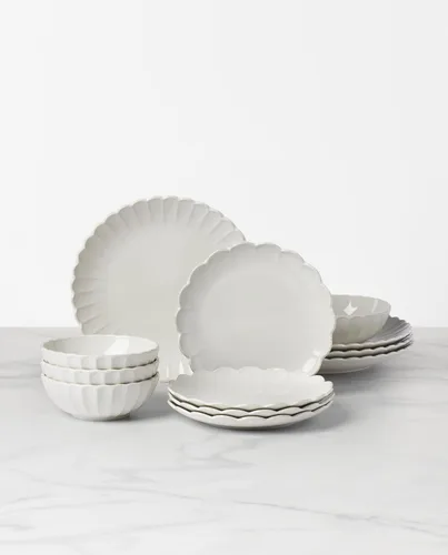 Miniatura 2 de Lenox Juego de vajilla de gres, vajilla francesa de 12 piezas para 4, color blanco perle festoneado, servicio para 4, apto para lavavajillas, juego
