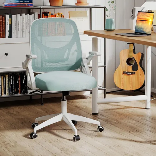 Miniatura 2 de COSTWAY Silla de oficina, cómoda silla giratoria de escritorio con altura ajustable y reposabrazos abatibles, sillas ergonómicas de malla para Azul