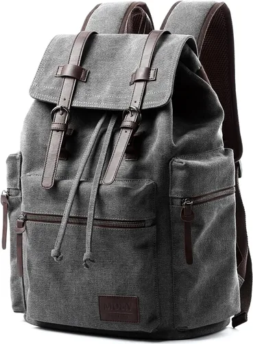 Miniatura 8 de MOYYI Mochila de lona para hombre para laptop de 13 a 17.3 pulgadas, mochila vintage duradera con ribete de cuero para uso diario, universidad