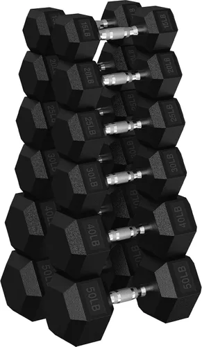Miniatura 24 de Juego de mancuernas hexagonales con estante, juego de mancuernas de ejercicio y fitness con revestimiento de goma de 720 libras, peso de mano