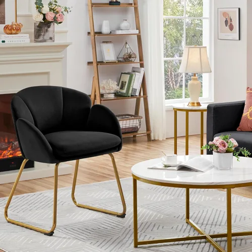 Miniatura 2 de Topeakmart Silla decorativa moderna, estilo floral, de terciopelo, con patas mentales doradas, para sala de estar, dormitorio, oficina en casa, Negro