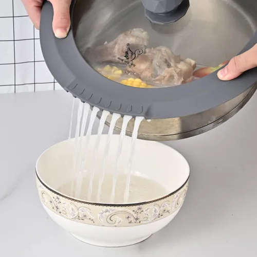 Miniatura 7 de Tapa de filtro templado para ollas de sopa de pasta, tapa universal con borde de silicona resistente al calor, 10-12 pulgadas, color gris claro