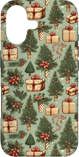 Vintage Christmas Theme Holiday Trees, Presents, Teal, Bows Case for iPhone 17