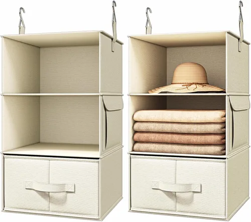 Vailando Organizador de Armario Colgante de 3 Estantes, Juego de 2 Estantes Colgantes con 2 Cajones para Vestidor, Guardería, Almacenamiento y Beige