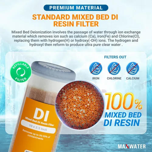 Miniatura 3 de Cartucho de filtro de resina DI de cama mixta recargable. Se adapta a la mayoría de aberturas de estilo ancho de 3 pulgadas, tamaño estándar de 10
