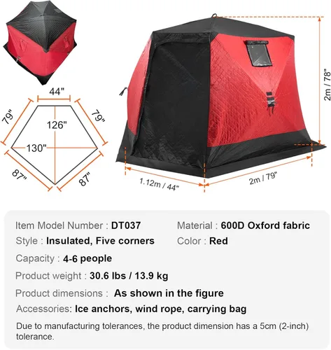 Miniatura 8 de VEVOR Portable Pop-Up Tent, 1-8 Person Insulated Shelter, Large Fishing Area, Hub-Style Shanty for Winter Fishing, Waterproof Oxford Ice Cube with