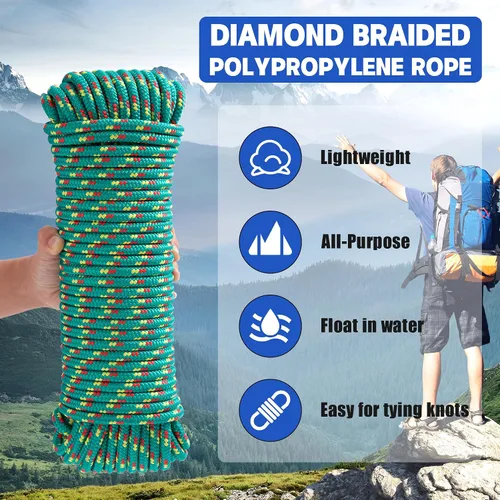 Miniatura 4 de Cuerda de polipropileno trenzada de diamante de 3/8 de pulgada y 100 pies, cuerdas marinas gruesas multiusos para barco para camping y asta de Verde