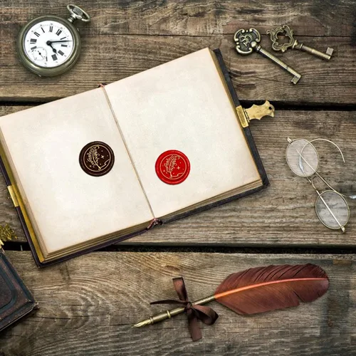 Miniatura 5 de CRASPIRE Sello de cera con pluma de pluma, sello de cobre, 1.181 in, cabeza de sello de latón extraíble retro con mango de madera para sobres