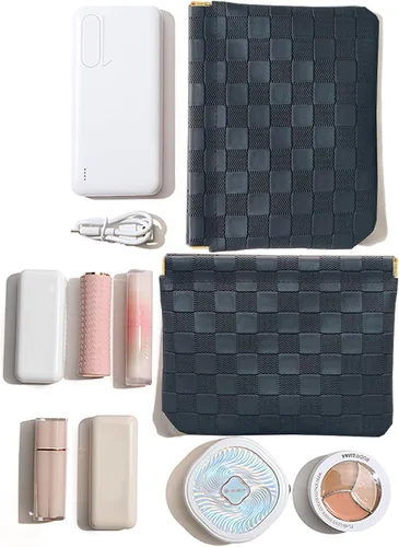 Miniatura 7 de Juego de 2 bolsas de maquillaje a cuadros, color negro, bolsa de cosméticos con bolsillo de cuero para bolso, bolsa de maquillaje pequeña