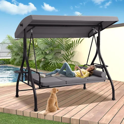 Miniatura 10 de Columpio de porche al aire libre de 3 asientos con toldo ajustable, cama convertible con soporte, planeador de patio con cojín, almohada y soporte