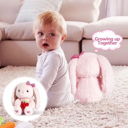 Miniatura 5 de Conejo de Fresa de Peluche con Orejas Caídas, Animales de Peluche Rosa Esponjosos con Fresa, Juguete Blando para Regalo para Niños, Niñas y Niños