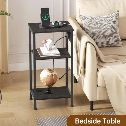 Miniatura 4 de Asgolion - Mesita alta con estación de carga, mesa auxiliar estrecha de 3 niveles con almacenamiento, mesa de noche delgada con puertos USB y tomas