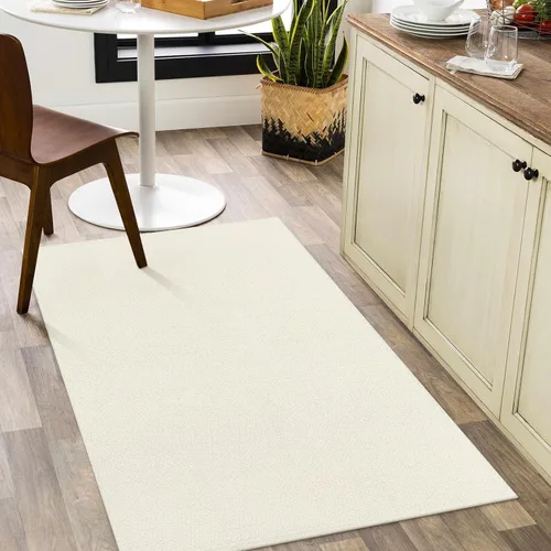 Miniatura 4 de LEEVAN - Alfombras lavables para cocina de 3 x 5 pies, alfombra de color crema para dormitorio, alfombra de algodón tejida para entrada, alfombra