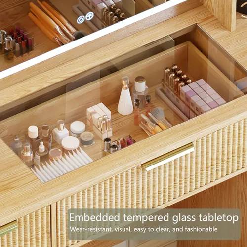Miniatura 6 de Tocador grande de 47 pulgadas, moderno escritorio de maquillaje acanalado con espejo y luces, tocador superior de cristal con 3 cajones y 2 armarios