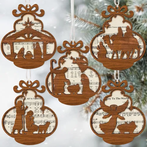 Miniatura 16 de Paquete de 5 adornos de natividad de partitura musical de madera a granel, adorno de escena católica de Navidad, recuerdo cristiano, decoración