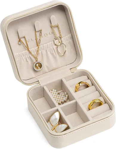 Vlando Regalos de boda – Organizador de viaje de joyería pequeña de piel sintética, estuche de viaje para anillo, mini joyero para aretes, collar,